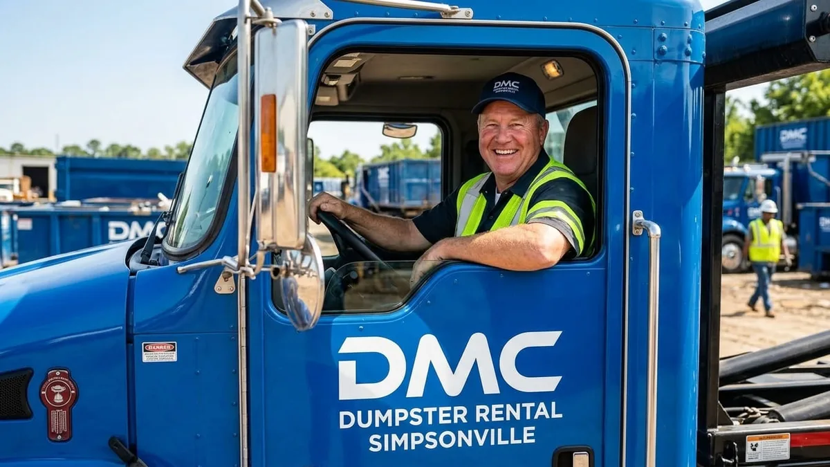 DMC Dumpster Rental Simpsonville roll-off truck delivering in Simpsonville, SC